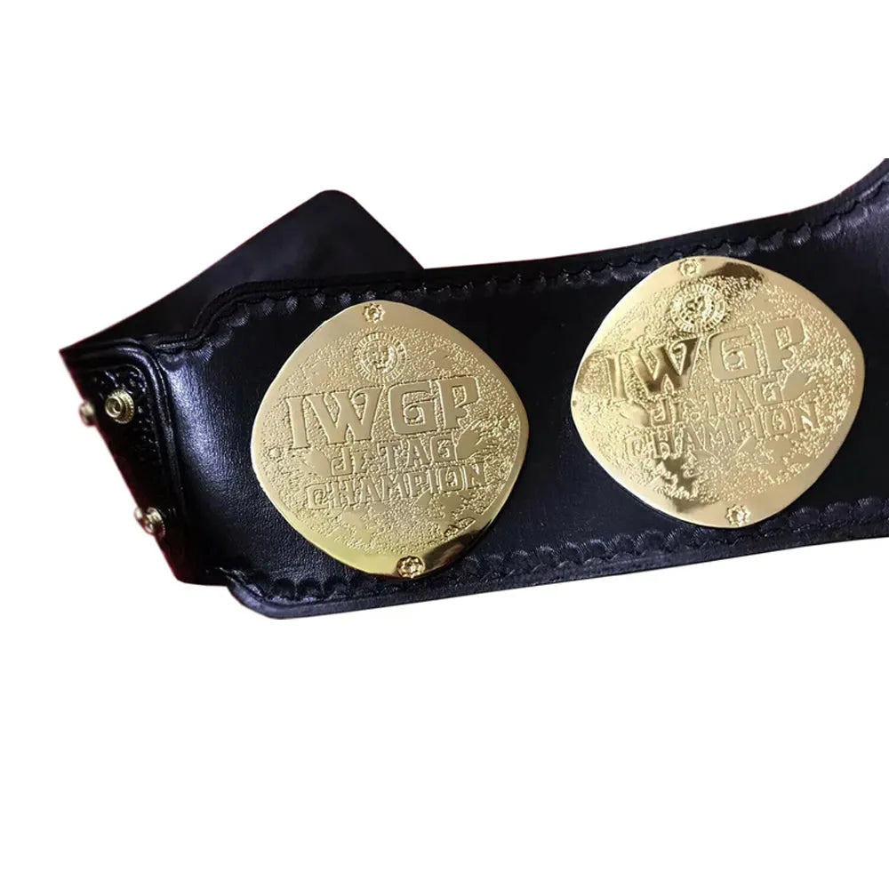 IWGP Jr. Tag Championship replica belt with gold plates on black leather strap from Championship Belts Online