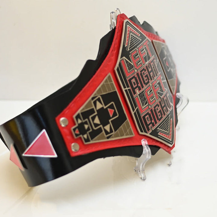 LRLR Belt WWE Championship with black strap and red accented detailed center plate on display stand