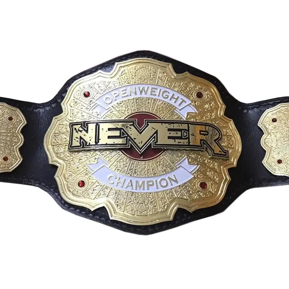 NJPW NEVER Openweight replica belt with gold plate and black leather strap by Championship Belts Online