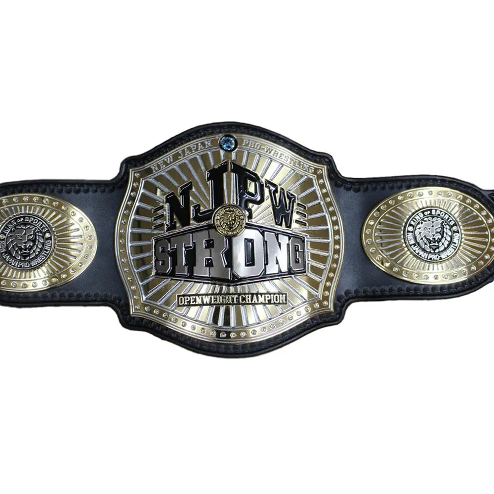 NJPW Strong Openweight replica belt with black strap and detailed gold and silver plates from Championship Belts Online