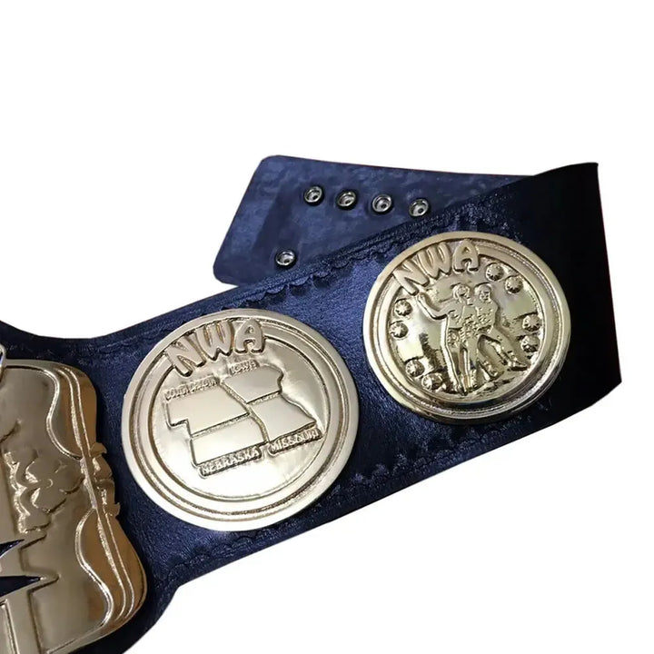 NWA Central States replica belt with detailed silver side plates on black leather strap