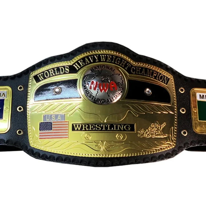 NWA Domed Globe Championship Belt with gold plates and black strap by Championship Belts Online