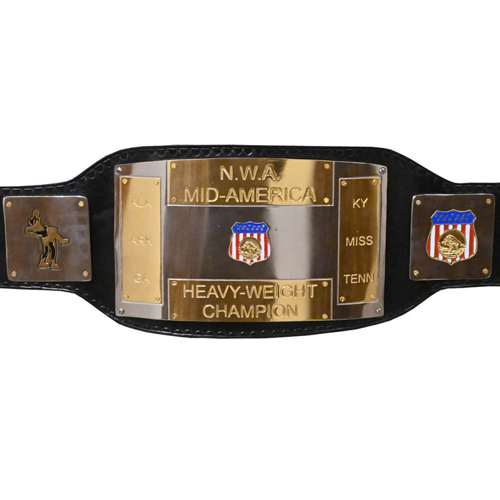 NWA Mid-America championship replica belt with gold plates and black leather strap from Championship Belts Online