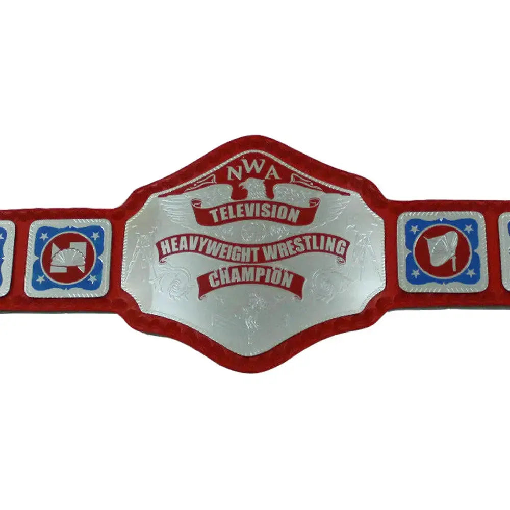 NWA Television Championship belt with red leather strap and silver heavyweight wrestling champion plate