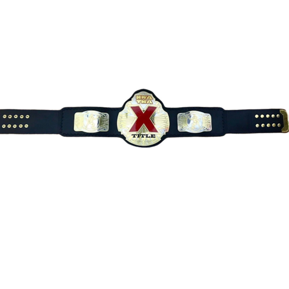 NWA TNA X Division championship belt with black strap and gold plated plates from Championship Belts Online
