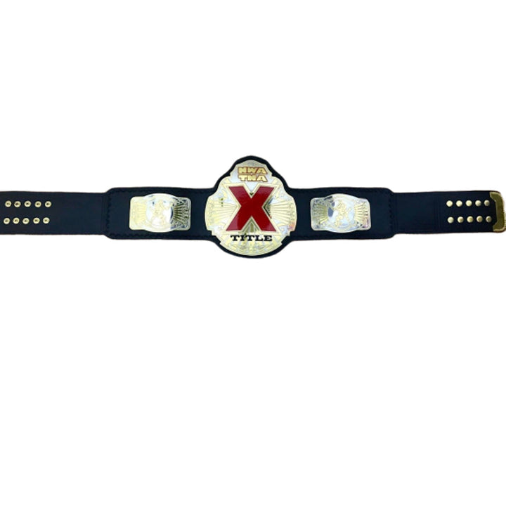 NWA TNA X Division championship belt with black strap and gold plated plates from Championship Belts Online