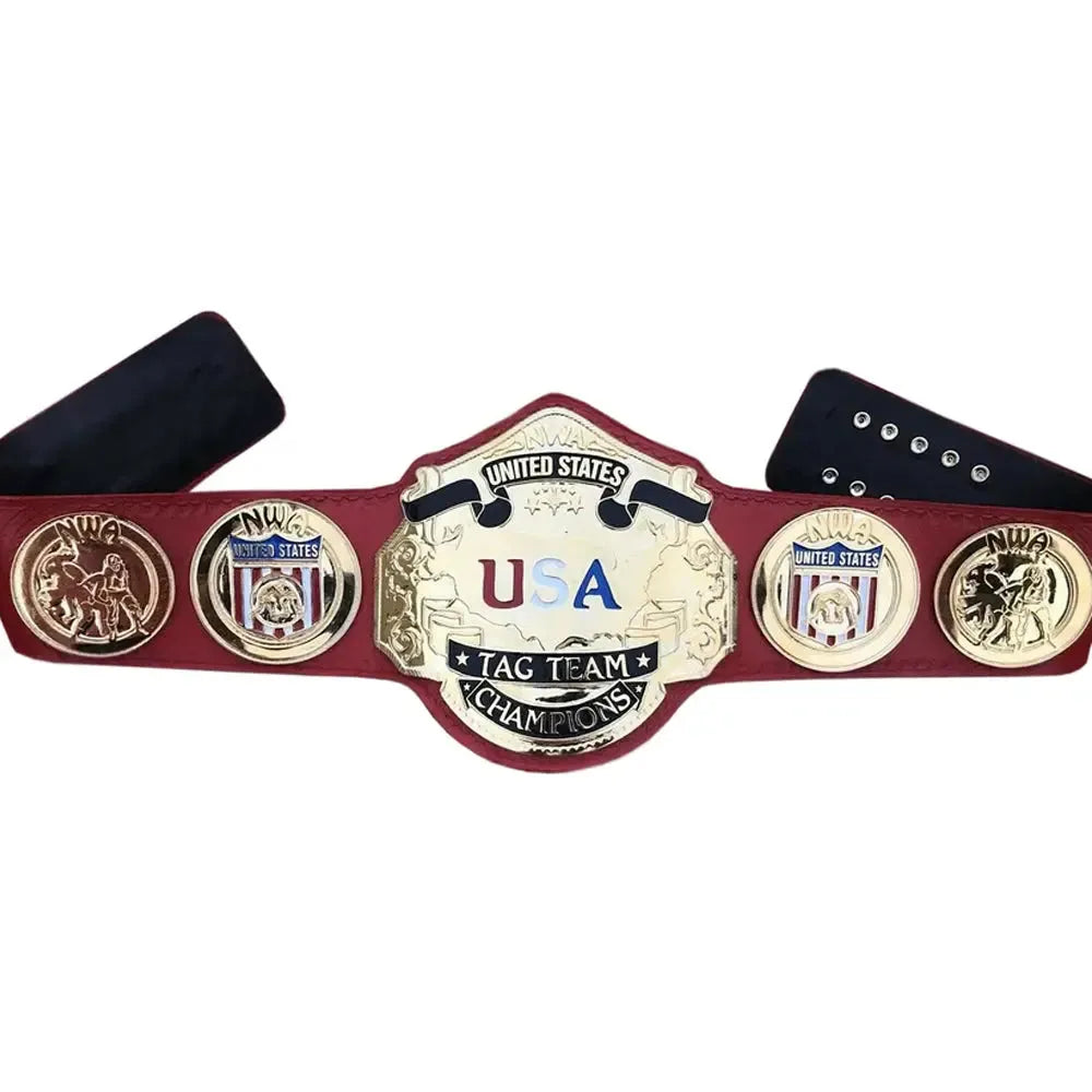 Nwa United States tag team replica belt by Championship Belts Online featuring gold plates on red leather strap