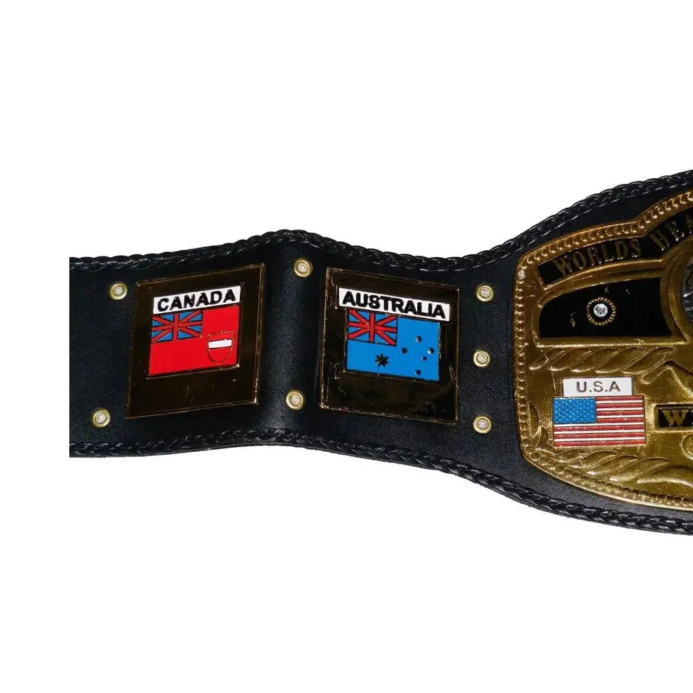 NWA world heavyweight championship replica belt with Canada Australia and USA flag side plates