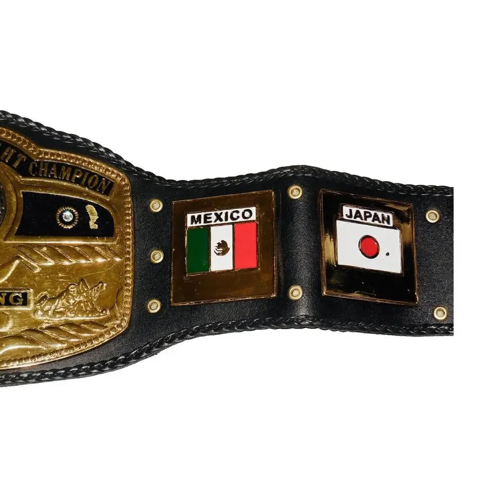 NWA world heavyweight championship replica belt featuring Mexico and Japan side plates on black leather strap