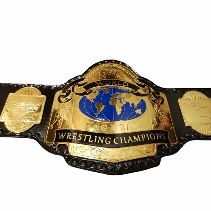 NWA World Tag Team Championship replica belt with gold plates and black leather strap from Championship Belts Online