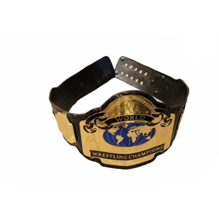 NWA World Tag Team Championship replica belt with gold plates and black leather strap