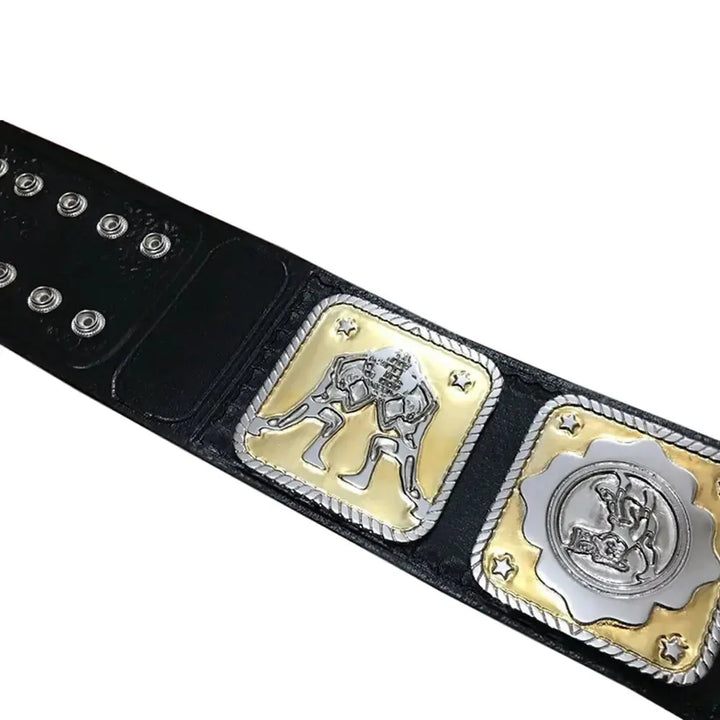 NWA World Tag Team Championship replica belt with wrestling figures and black leather strap