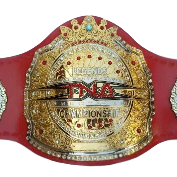 TNA Legends championship belt with gold plating red gems and red leather strap