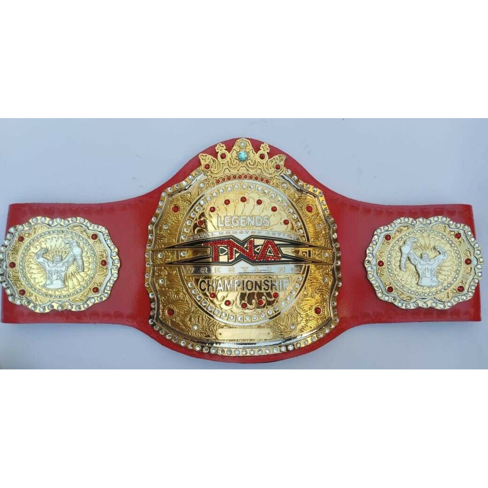 TNA Legends championship belt with gold plates and red leather strap from Championship Belts Online