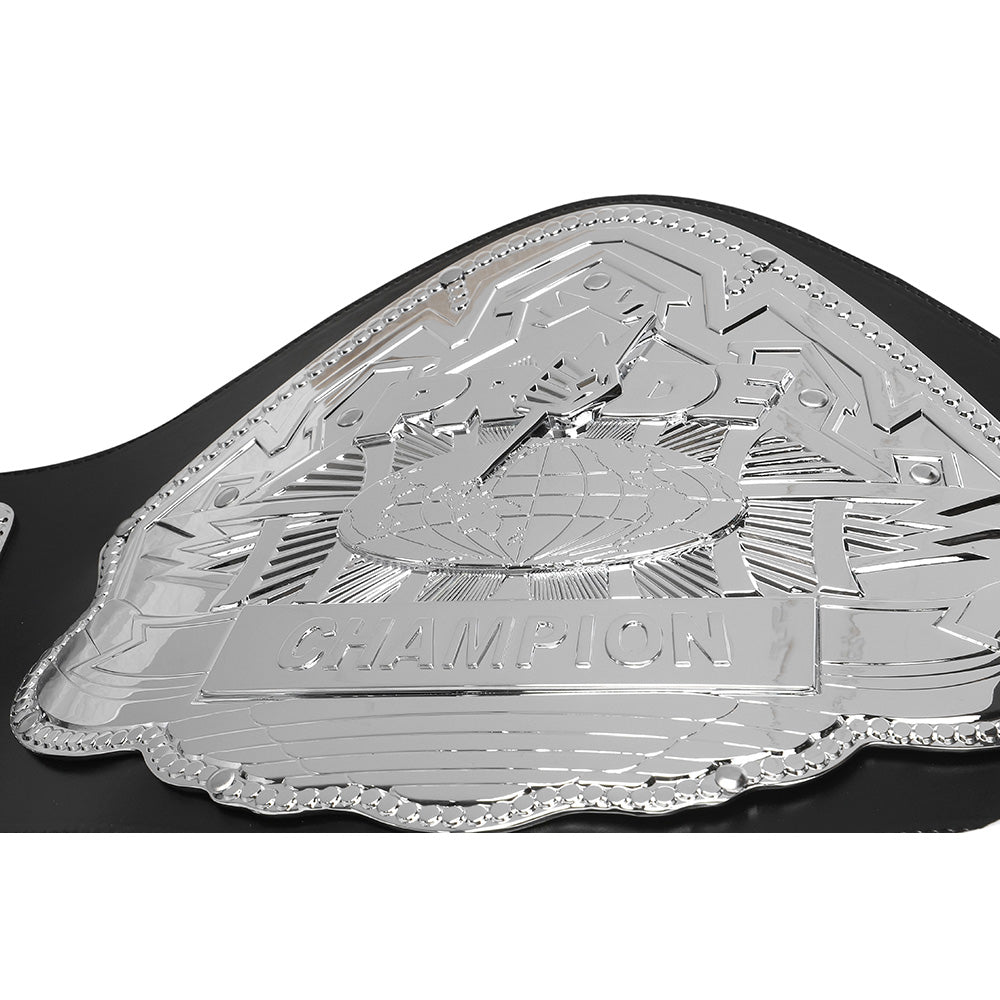 Pride style MMA belt for sale with silver metal plate and champion engraving on black leather strap