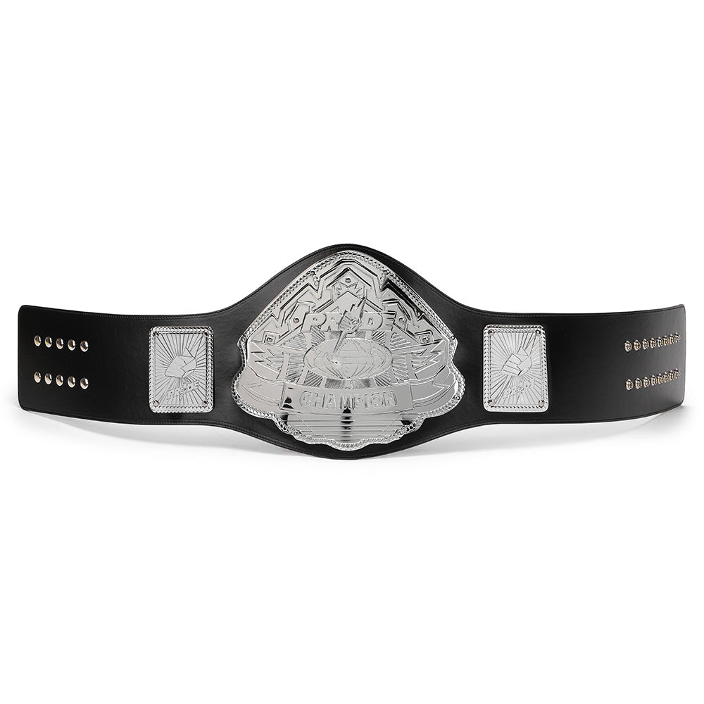 Pride style MMA belt for sale with silver plates and black leather strap by Championship Belts Online