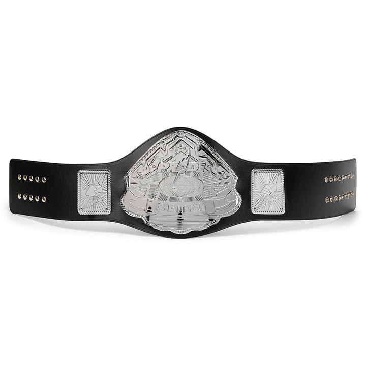 Pride style MMA belt for sale with silver plates and black leather strap by Championship Belts Online