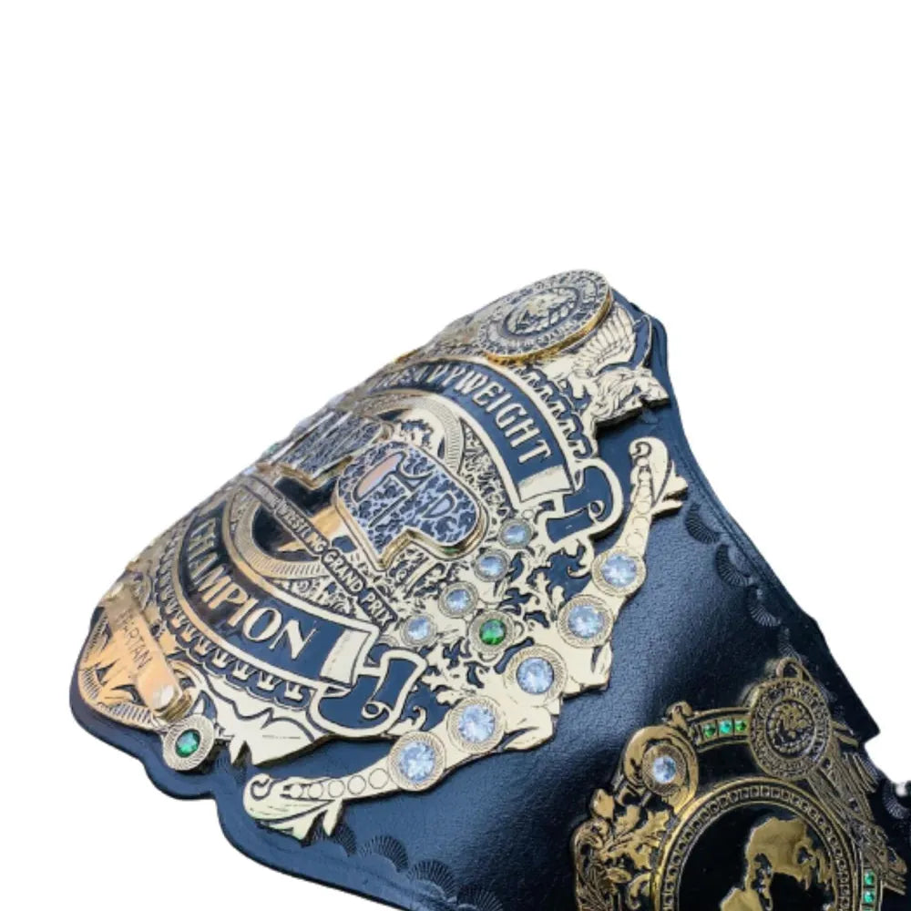 IWGP Heavyweight Championship replica belt with detailed gold plating and jewel accents from Championship Belts Online