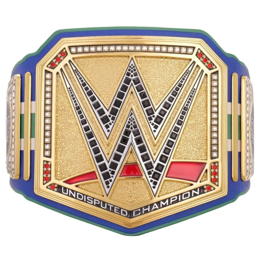 WWE Survivor Series WarGames Edition Undisputed Championship Belt with blue and green striped leather strap.