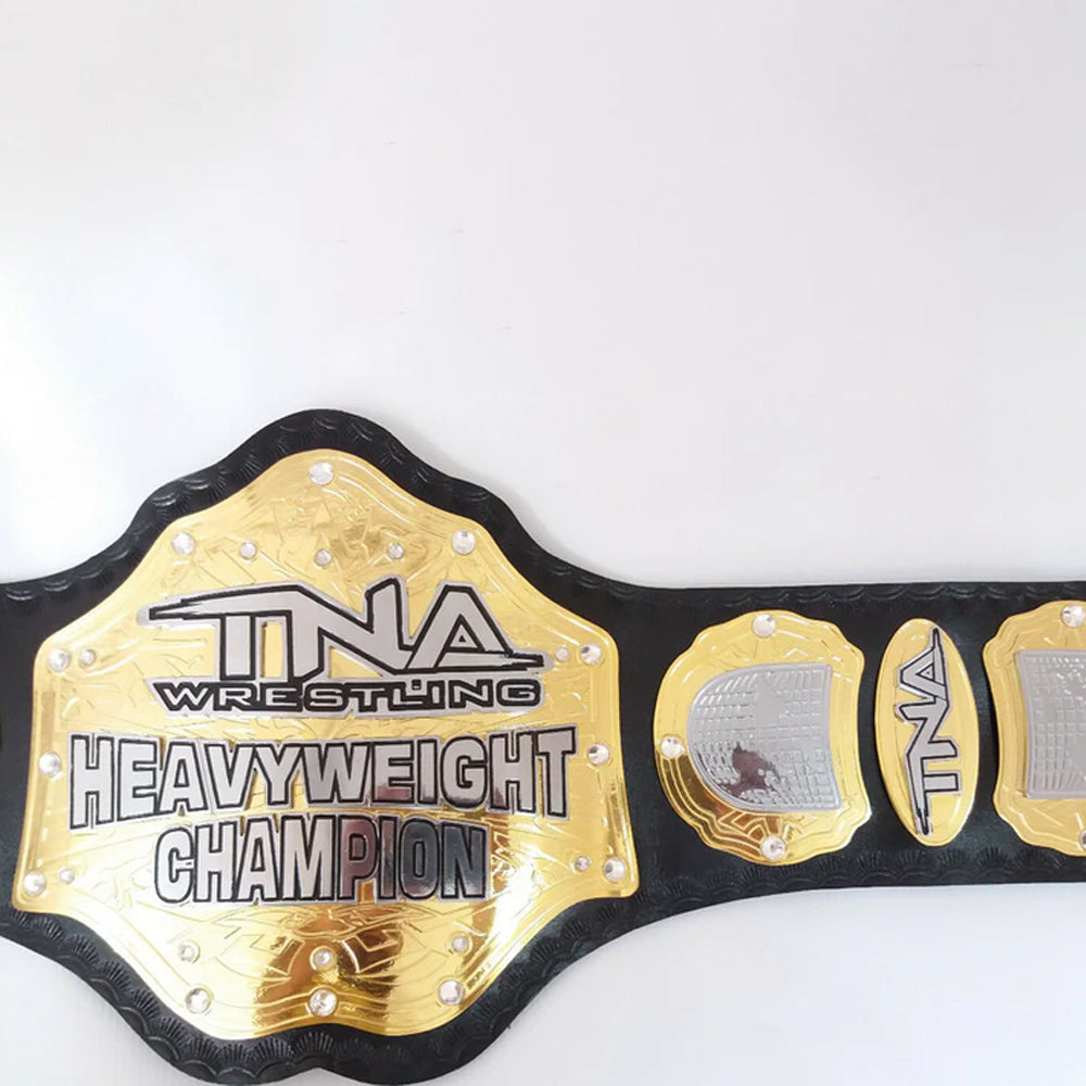 TNA heavyweight championship belt with gold plates and black strap from Championship Belts Online