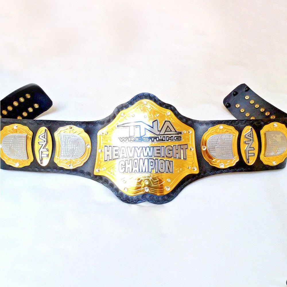 TNA heavyweight championship belt with gold plates and black strap 
