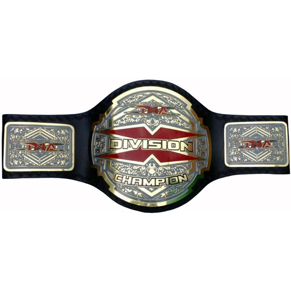 TNA Impact World Championship belt with gold and red detailed plates on black strap from Championship Belts Online