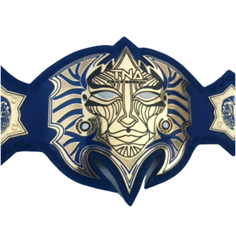 TNA Jeff Hardy championship belt replica with detailed gold and blue design from Championship Belts Online