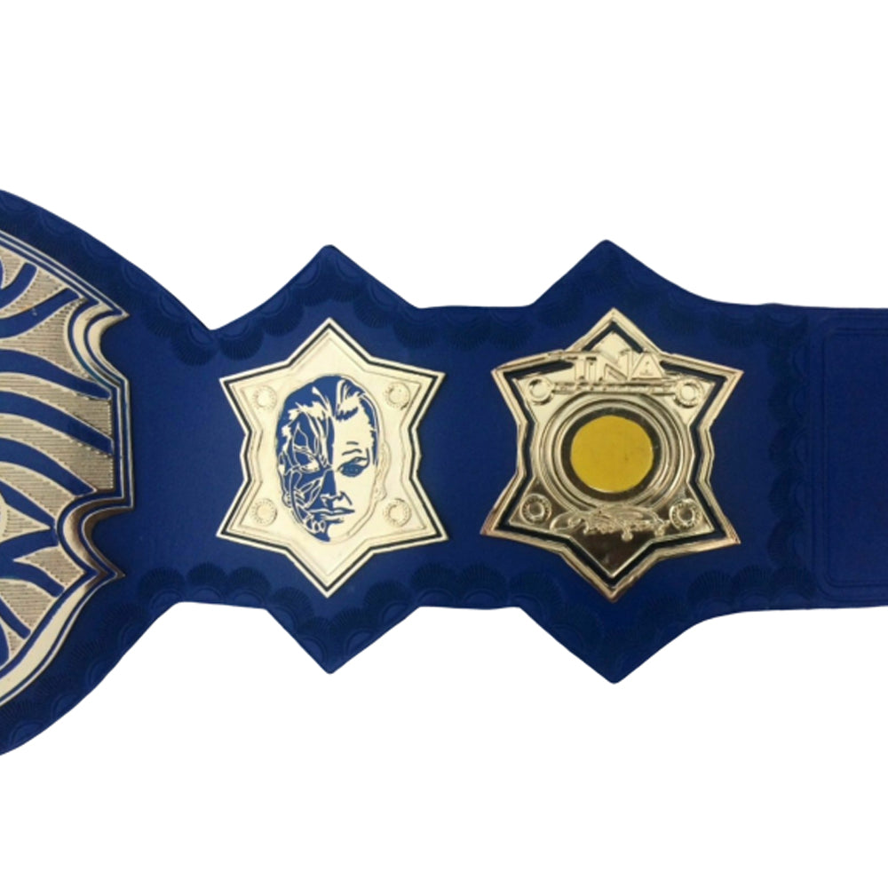 TNA Jeff Hardy championship belt replica with detailed face design and gold plates on blue strap