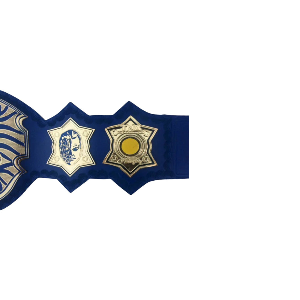 TNA Jeff Hardy championship belt side plates with blue strap from Championship Belts Online
