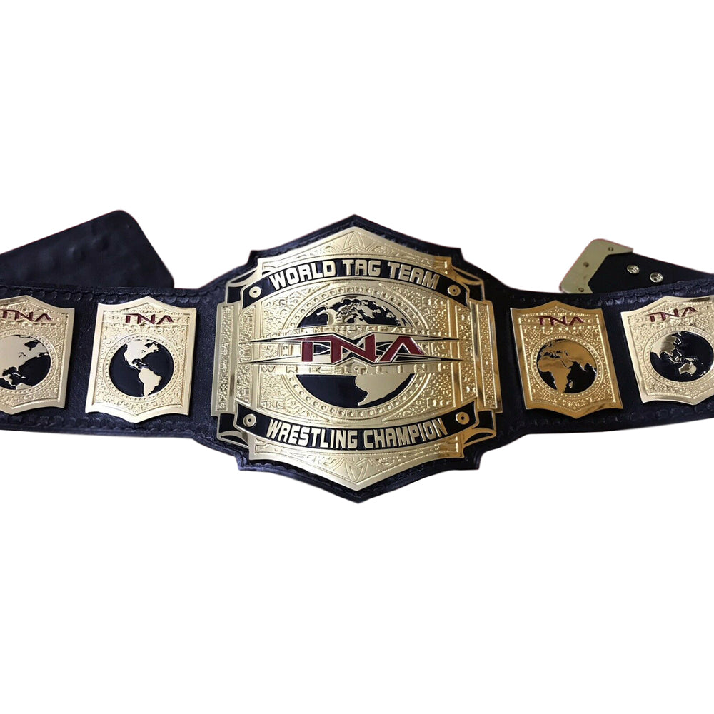 TNA tag team championship belt with gold plates and black leather strap from Championship Belts Online