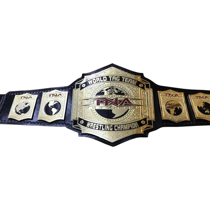 TNA World Tag Team title belt with gold plates and black leather strap from Championship Belts Online