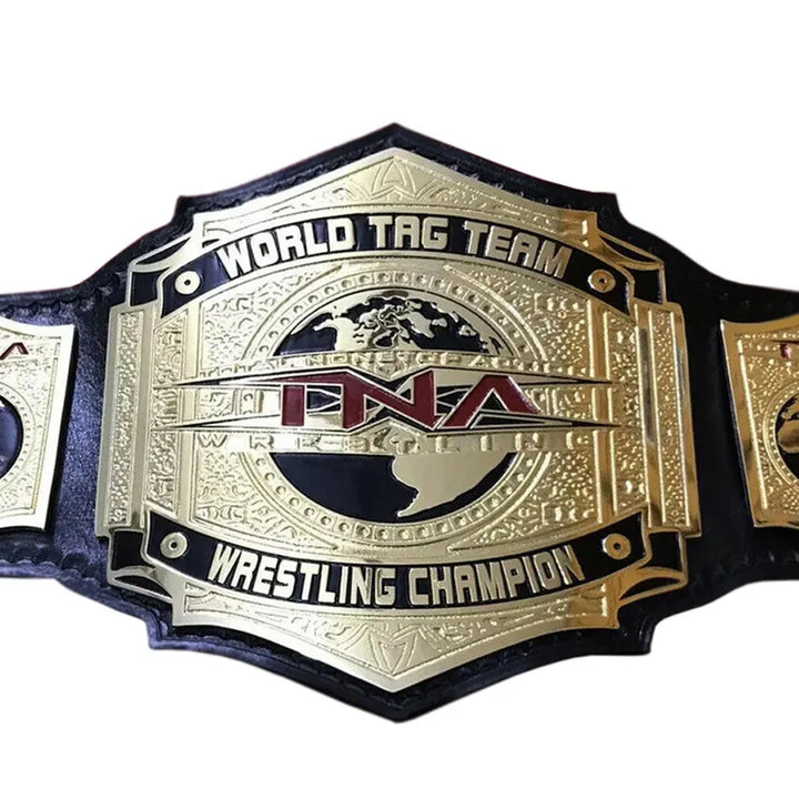 TNA World Tag Team title belt with gold plates and black leather strap by Championship Belts Online