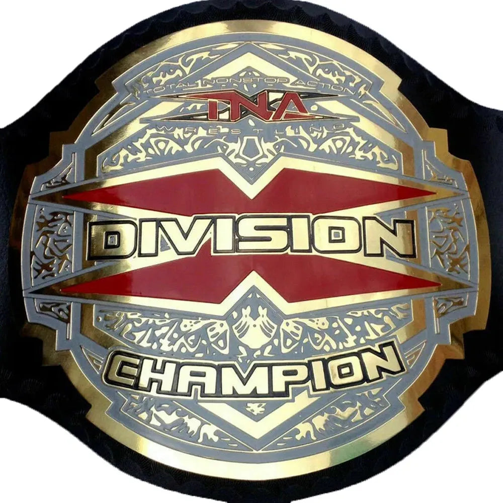TNA X Division championship belt with red and gold detailed design by Championship Belts Online