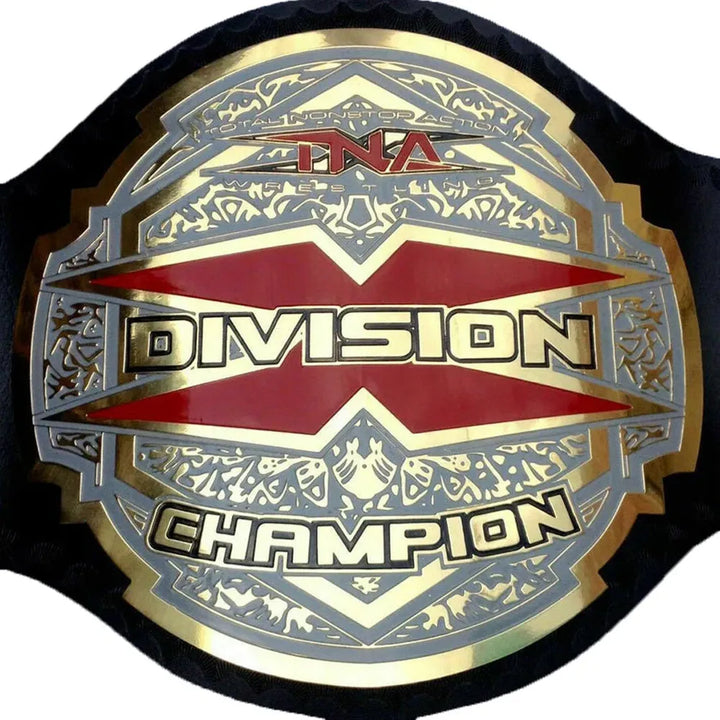 TNA X Division championship belt with red and gold detailed design by Championship Belts Online