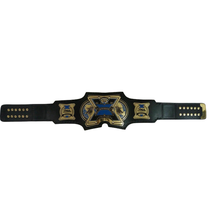 TNA X Division Championship Belt for sale with black leather strap and gold blue metal plates