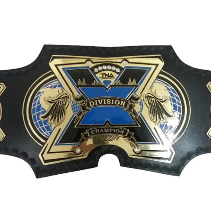 TNA X Division replica belt with gold and blue design by Championship Belts Online