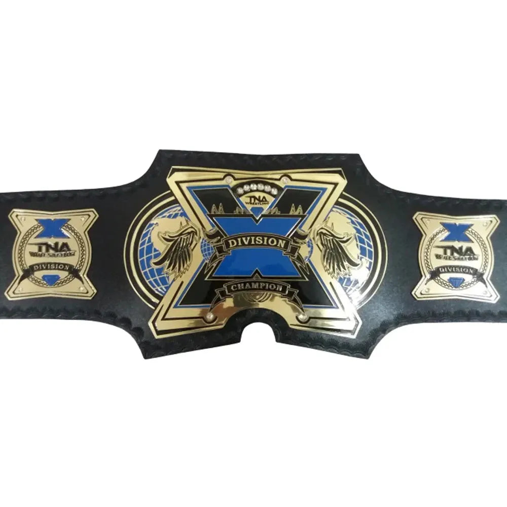 TNA X Division replica belt with gold and blue detailing on black leather strap from Championship Belts Online