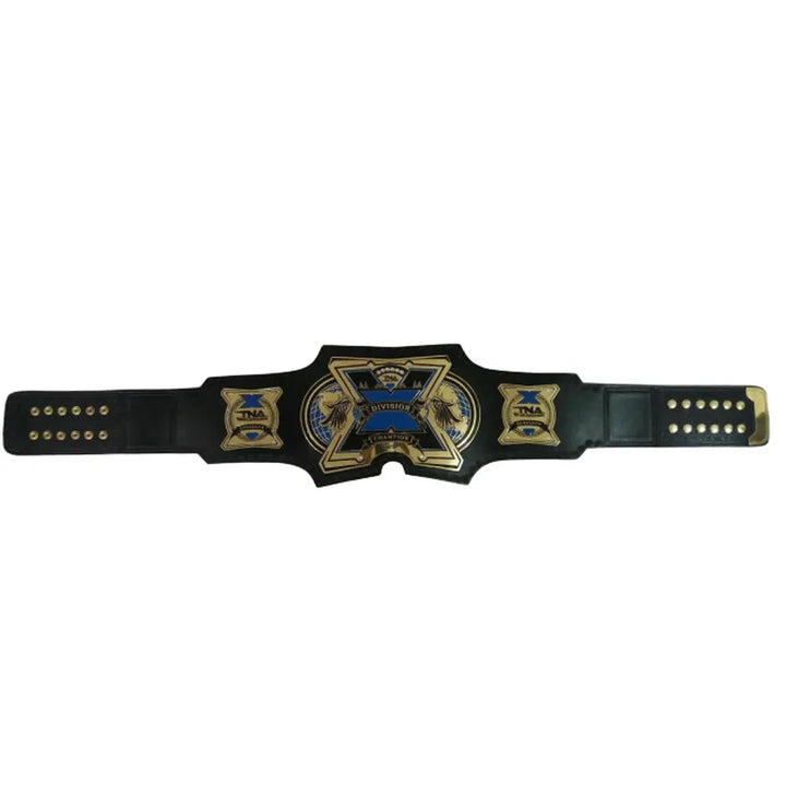 TNA X Division replica belt with black strap and gold blue detailed plates from Championship Belts Online
