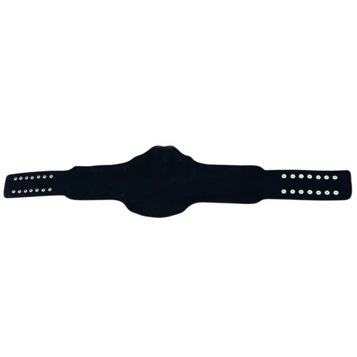 Back view of a UFC championship belt showing the black leather strap with adjustment holes and snap fasteners.
