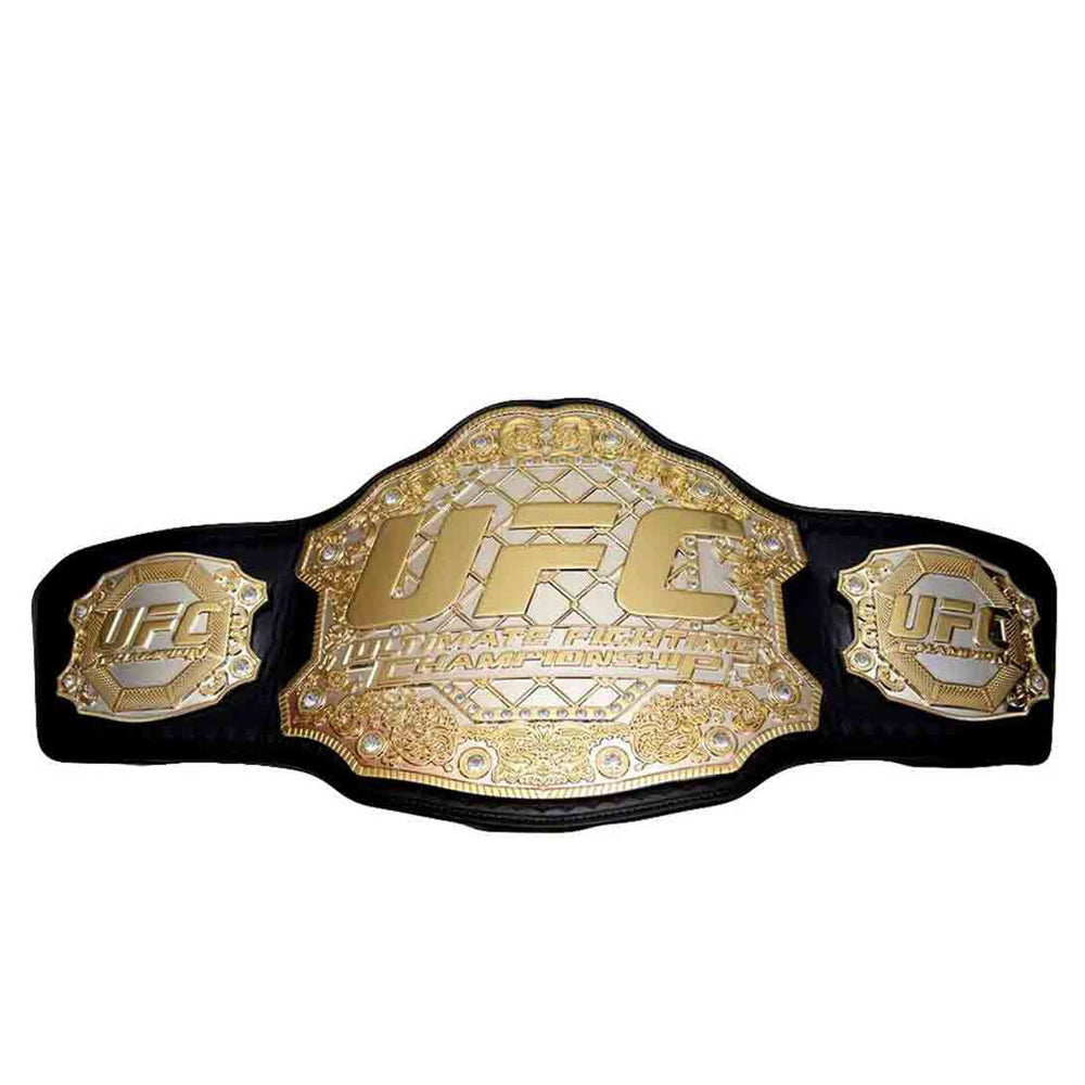 UFC heavyweight championship belt with gold plates and black leather strap by Championship Belts Online