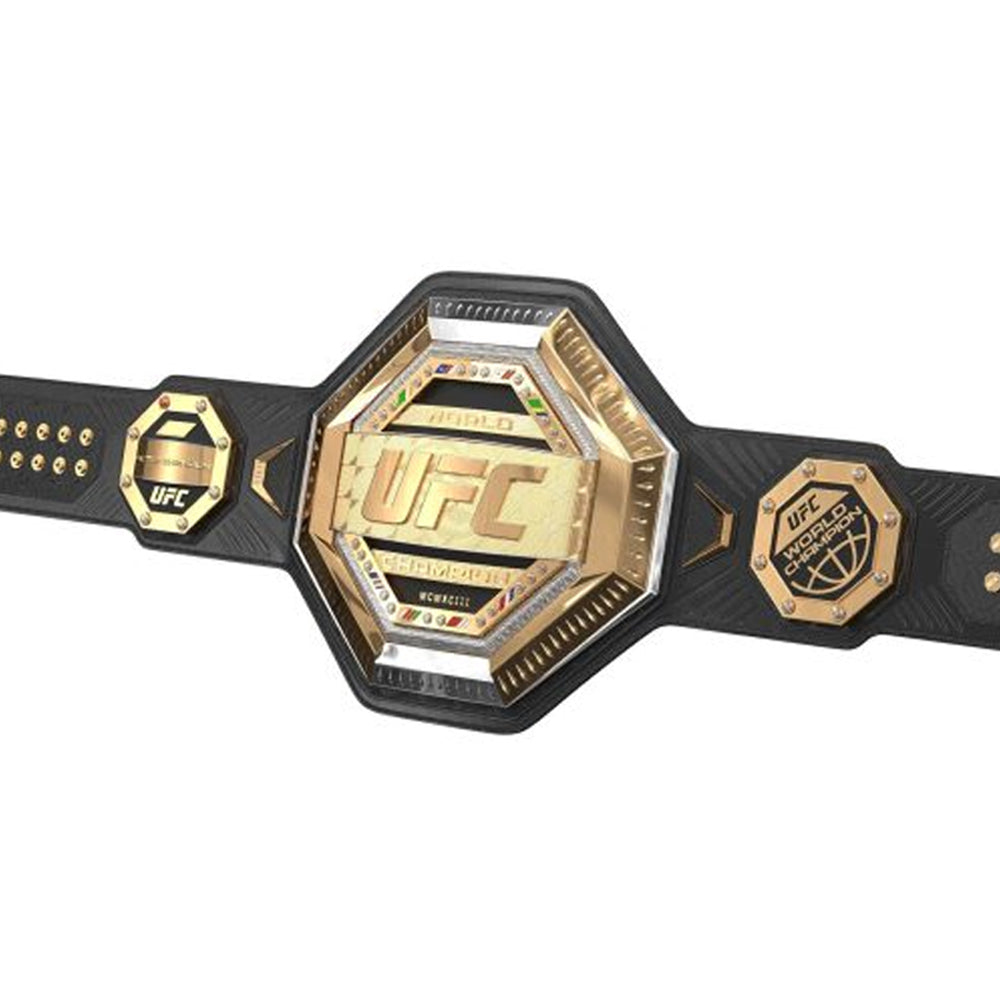 UFC legacy championship belt with gold plates and black strap from Championship Belts Online