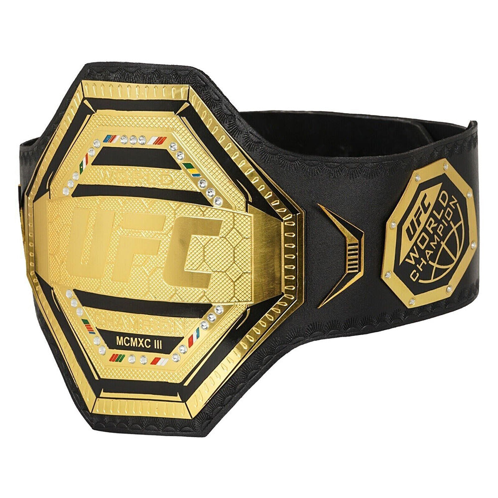 UFC legacy championship belt replica with gold plates and black leather strap from Championship Belts Online