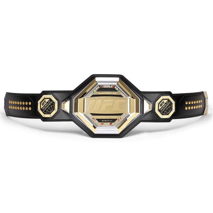 UFC legacy replica belt by Championship Belts Online with black strap and gold detailed center plate