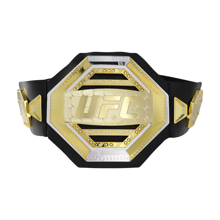 UFC replica championship belt with gold and silver details on black leather strap