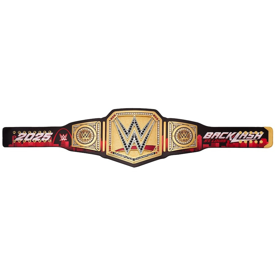 Full view of the Undisputed Championship wrestling belt, Backlash 2025 St. Louis commemorative edition.