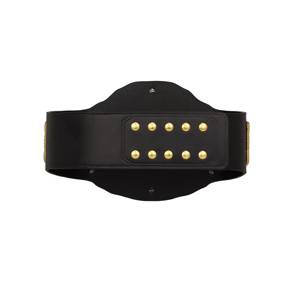 Back view of United States Championship replica belt with black leather strap and gold studs