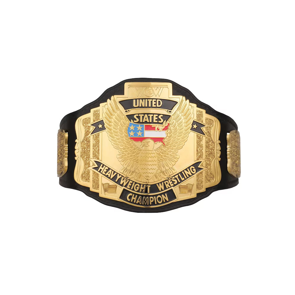 United States Championship replica belt with gold plate and black leather strap by Championship Belts Online