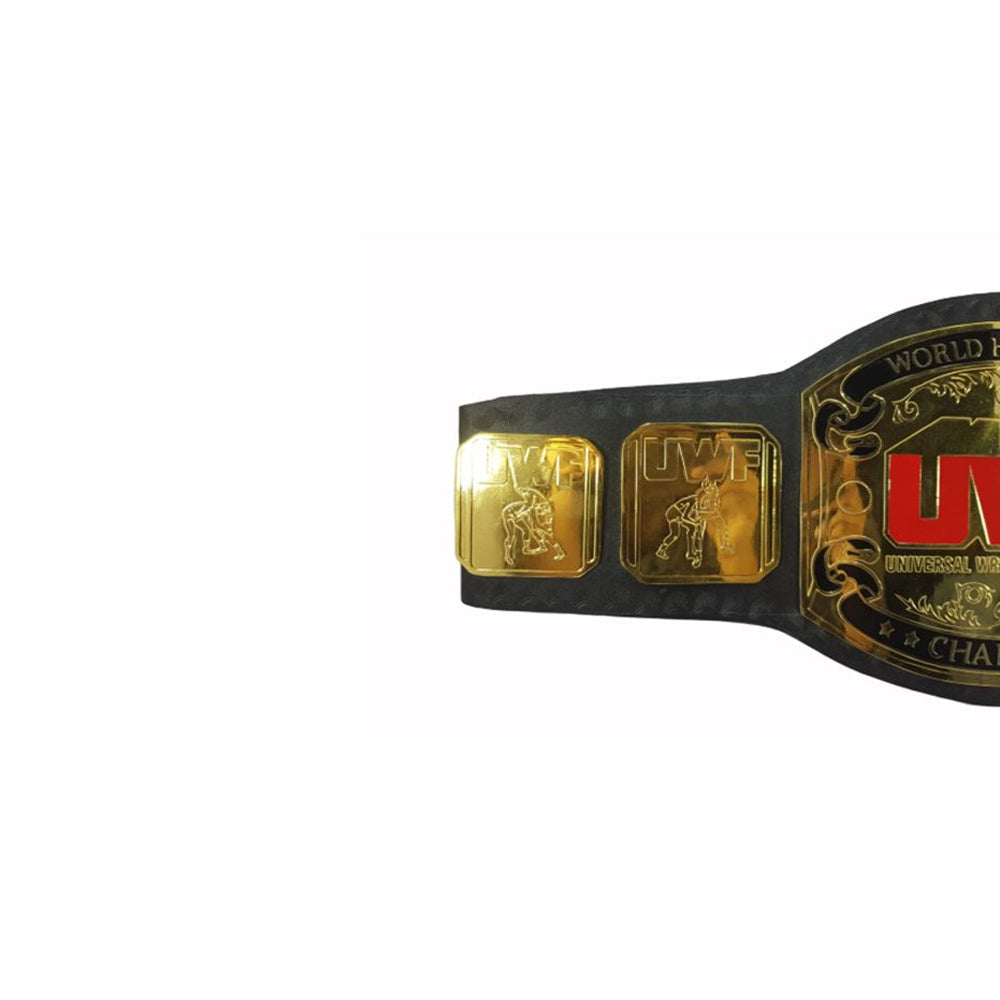 Universal Wrestling Federation heavyweight belt with detailed gold plates on black leather strap from Championship Belts Online