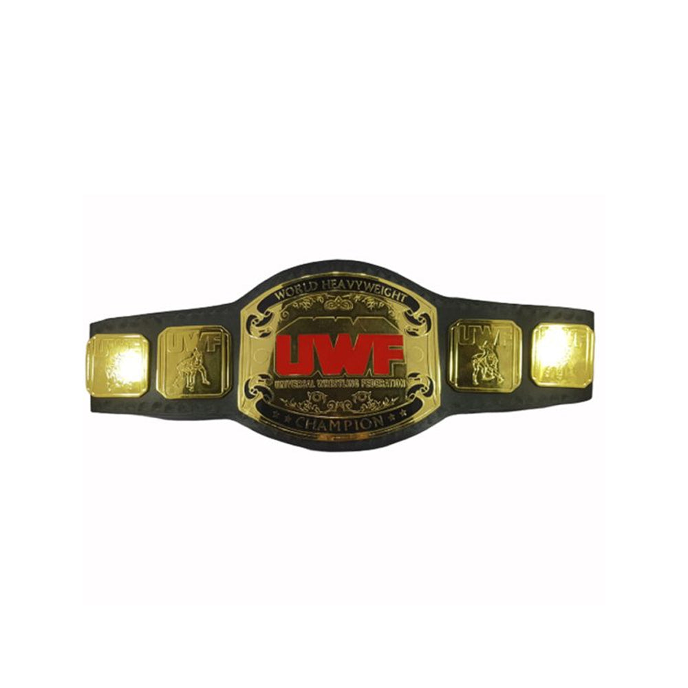 Universal Wrestling Federation heavyweight belt with gold plates and black strap from Championship Belts Online