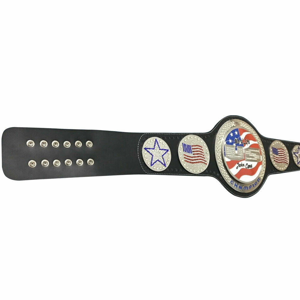US spinner wrestling belt replica with American flag and star designs on black leather strap